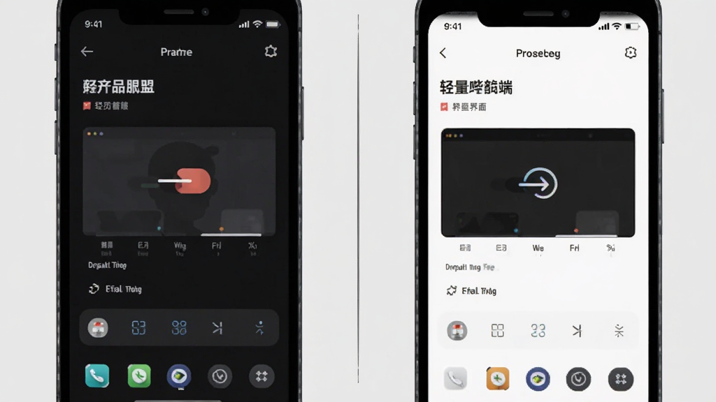 一张展示Re:哔哩终端轻量化界面设计的示意图,画面中并排展示两部手机屏幕,左侧为默认深色主题首页,右侧为浅色主题首页,两部手机之间用简洁的分隔线隔开,背景为浅灰色,风格为产品展示图,细节上突出界面元素少、留白充足的特点,画质清晰干净,无多余元素