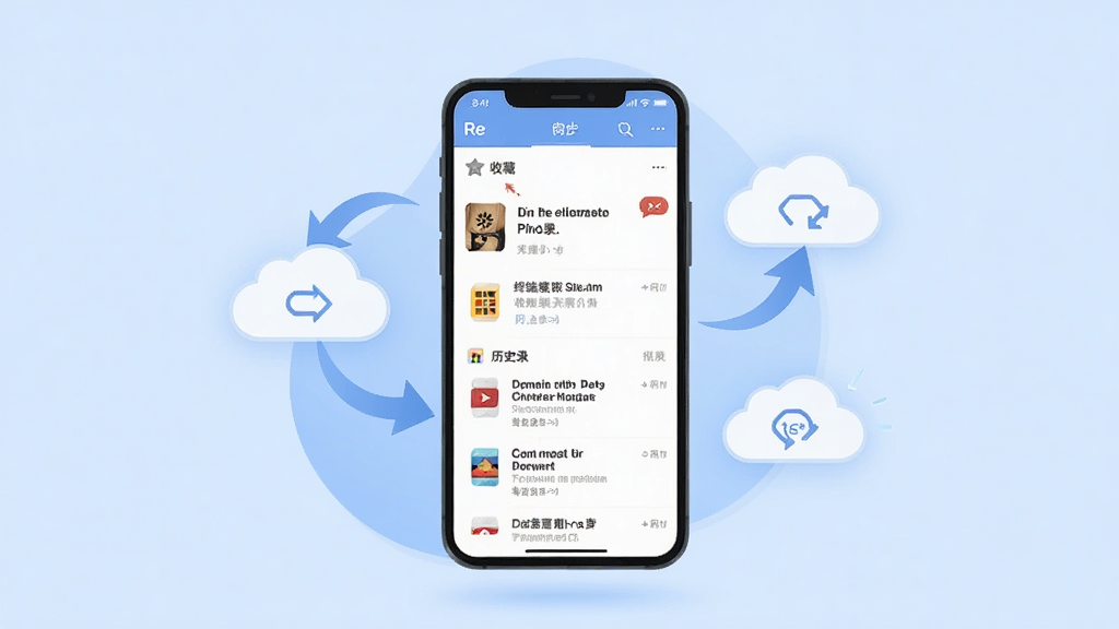 一张展示Re:哔哩终端账号同步与内容管理功能的示意图,画面中央是一部手机,屏幕内显示收藏夹与历史记录列表界面,旁边漂浮着云朵与同步箭头的图标,背景为淡蓝色渐变,风格为扁平化插画,细节上突出数据同步的视觉隐喻,画质清晰干净,无多余元素
