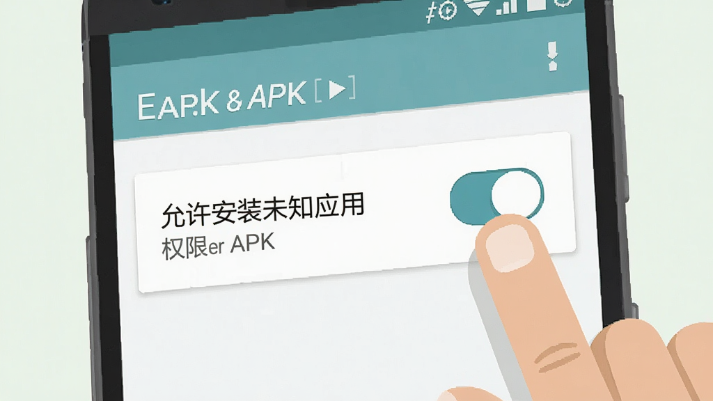 一张展示安卓手机安装第三方APK时权限设置界面的示意图,画面中手机屏幕显示“允许安装未知应用”的开关选项,旁边有手指点击的示意动作,背景为浅色,风格为扁平化教程插图,细节上突出开关按钮与提示文字,画质清晰干净,无多余元素