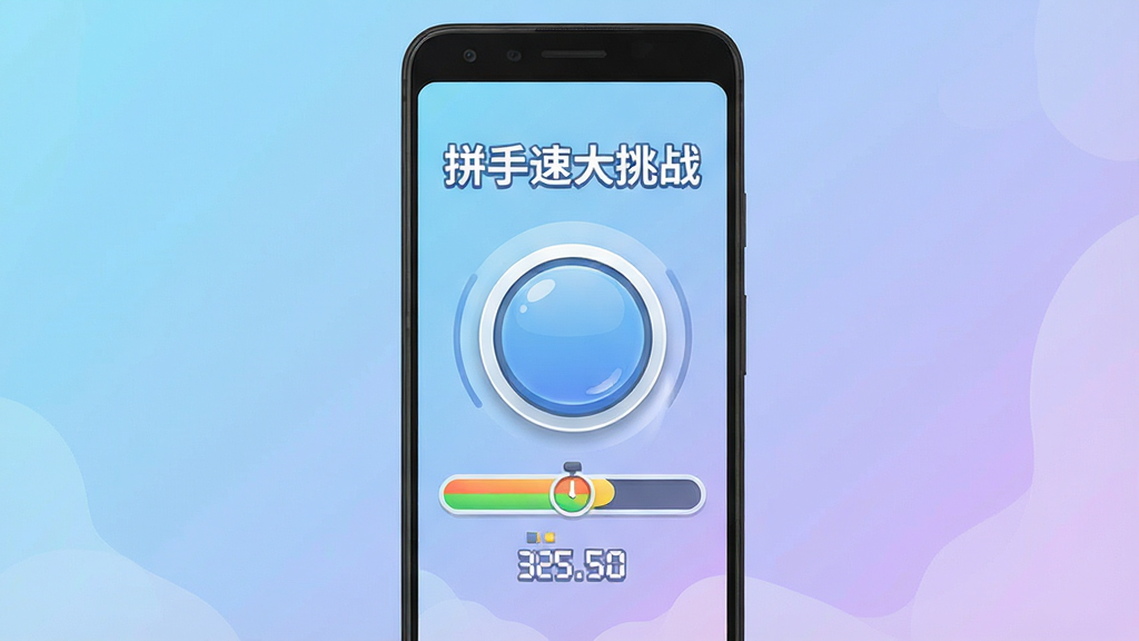 一张手机应用展示图,主体为一部竖屏安卓手机,屏幕中央显示“拼手速大挑战”游戏主界面,界面包含醒目的圆形点击按钮、计时进度条和分数显示区域,布局居中对称,排版清爽,风格为现代扁平化休闲游戏UI,细节上按钮带轻微高光与按压反馈效果,背景为浅蓝到淡紫渐变,画质清晰干净,无多余元素