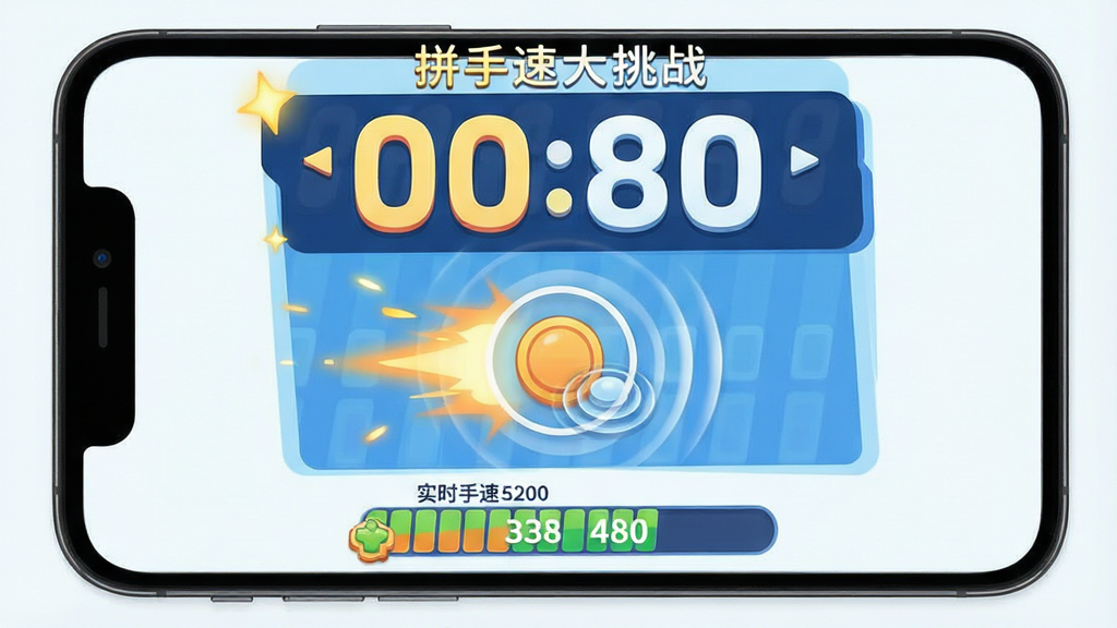 一张休闲游戏界面示意图,画面主体为手机屏幕中的“拼手速大挑战”倒计时挑战场景,布局为上方大号倒计时数字、中部点击区域、下方实时手速数值条,排版紧凑清晰,风格为明亮活泼的扁平游戏风,细节包含速度光效与点击波纹,背景干净浅色,画质高清,无多余元素