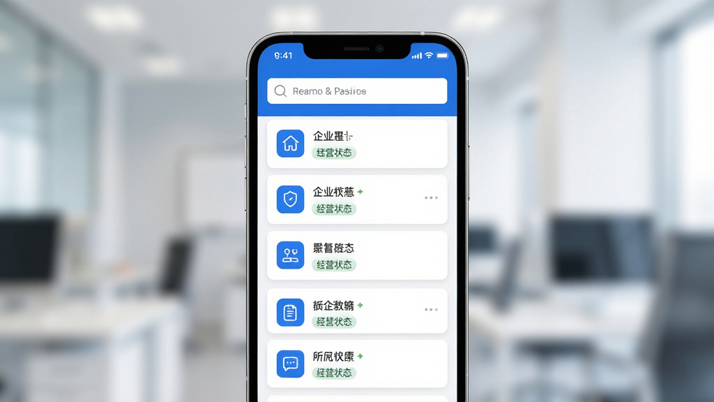 企查询软件主界面展示,画面中央为手机屏幕,屏幕内呈现企业信息查询结果列表与搜索框,布局简洁清晰,排版为上下结构,风格为现代商务科技风,细节包括蓝色调图标、企业名称卡片、经营状态标签,画质高清,干净,无多余元素