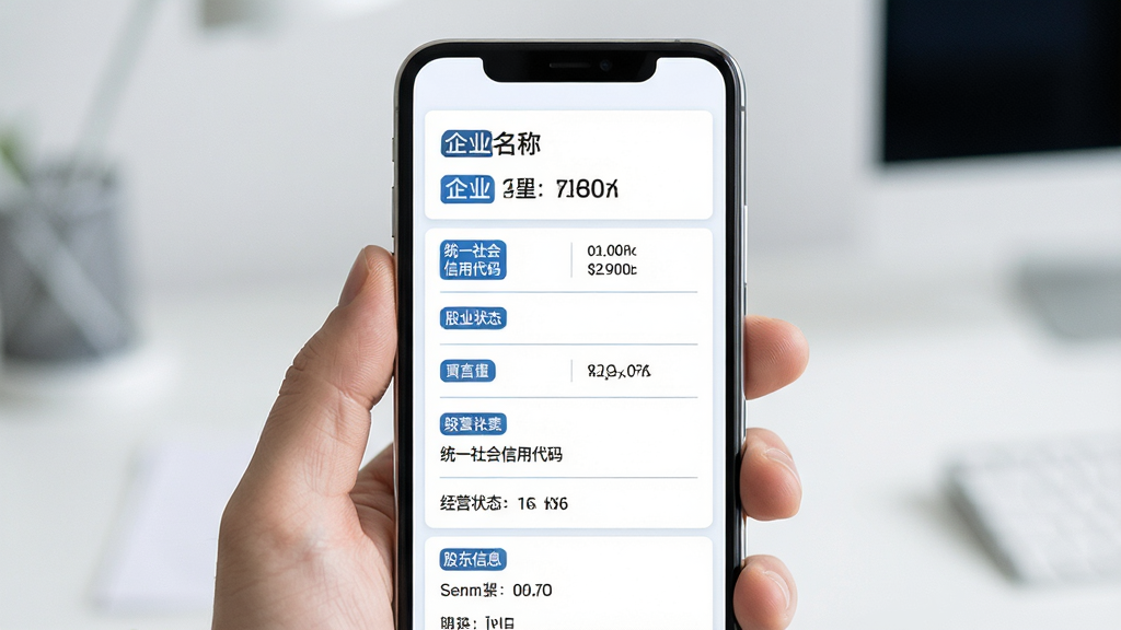 企查询企业信息详情页展示,画面主体为手机屏幕中的企业档案卡片,布局为纵向排列的信息模块,排版包含企业名称、统一社会信用代码、经营状态、股东信息等字段,风格为清爽商务浅色系,细节有蓝色高亮标签与分割线,画质清晰,干净,无多余元素