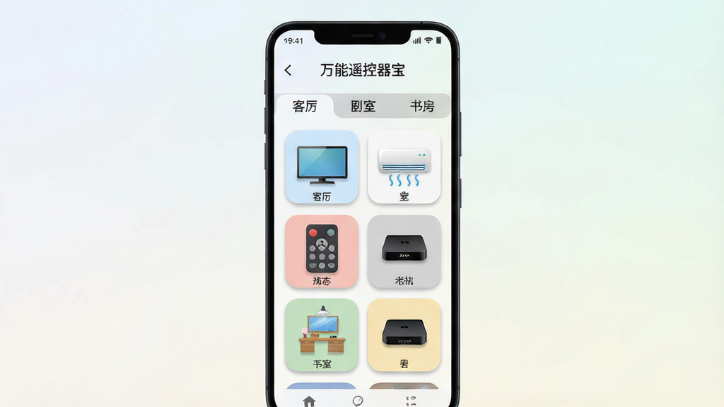 一款名为“万能遥控器宝”的手机应用界面展示图,画面主体是一部竖屏安卓手机,屏幕中央显示着电视、空调、机顶盒等家电的遥控图标网格,布局清晰分为客厅、卧室、书房等房间标签页,整体排版简洁明快,风格为现代扁平化设计,细节上图标带有轻微的立体阴影和圆角,背景为浅色渐变,画质清晰,画面干净,无多余装饰元素