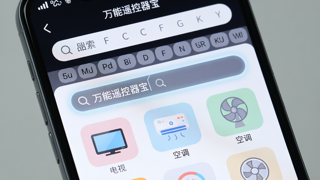 一部手机屏幕特写,界面中显示着“万能遥控器宝”的码库检索页面,上方有搜索框和品牌首字母索引条,下方排列着电视、空调、风扇等设备分类图标,页面风格清爽,布局规整,细节上搜索框带有微光效果,图标色彩柔和,画质干净清晰,无杂乱元素