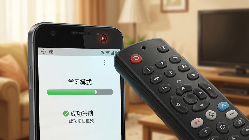 手机与遥控器对碰的示意图,画面中一部安卓手机顶部红外口正对着一只传统电视遥控器,手机屏幕上显示“学习模式”的进度条和成功提示,背景为温馨的客厅一角,风格为写实插画,细节上手机屏幕光与遥控器按键纹理清晰可见,画质细腻,画面干净,无多余文字