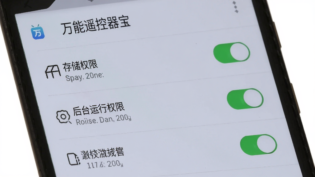 一部安卓手机屏幕显示“万能遥控器宝”的设置与权限页面,画面中包含存储权限、后台运行权限等开关项,界面风格为简洁列表式,细节上开关按钮有清晰的开启关闭状态,背景为浅灰色,画质清晰,画面干净,无多余元素