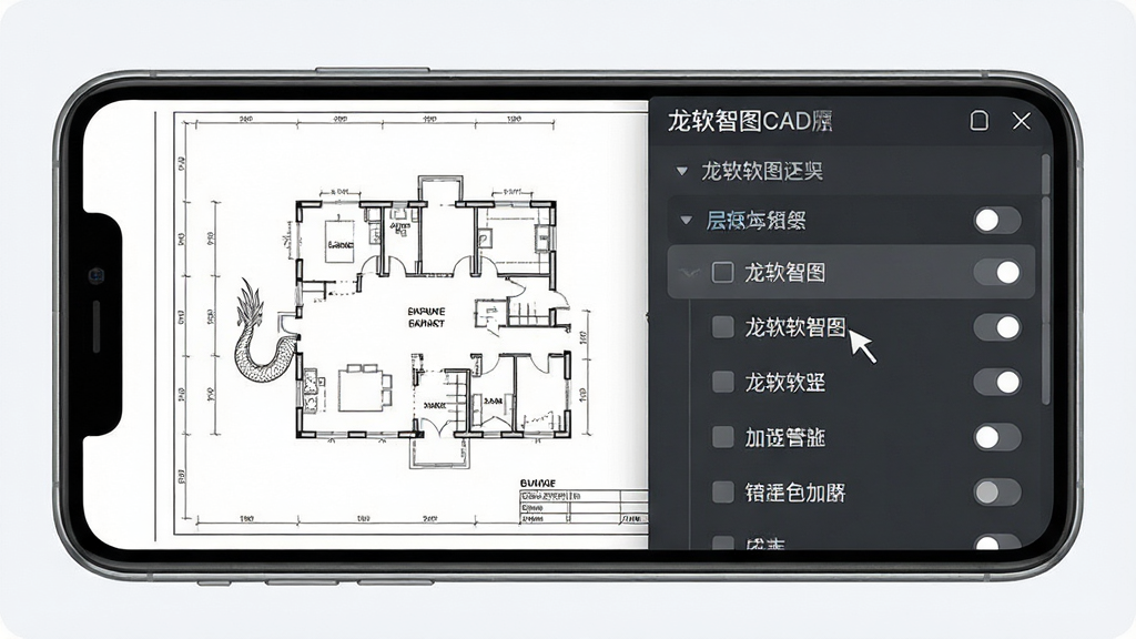 一张展示龙软智图CAD版图层管理功能的示意图,主体为手机屏幕内显示图纸与侧边弹出的图层列表面板,布局为手机居中、面板从右侧滑出,排版突出层级勾选状态,风格为清爽的界面演示图,细节上图层名称清晰、开关按钮有明暗对比,画质干净,背景为浅色,无多余元素