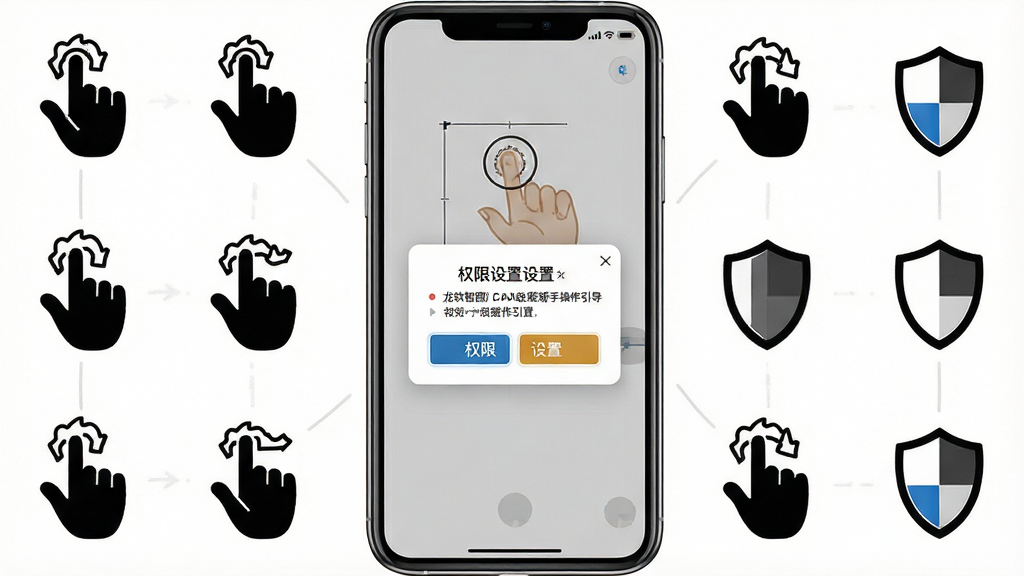 一张展示龙软智图CAD版新手操作引导的画面,主体为手机屏幕内显示手势缩放示意图与权限设置弹窗,布局为手机居中、四周环绕手势图标与盾牌图标,排版清晰分区,风格为简洁教程示意图,细节上手势线条明确、弹窗按钮有高亮,画质干净,背景为白色,无多余元素
