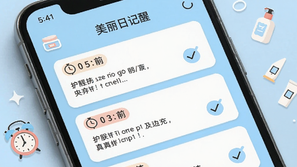 美丽日记提醒设置界面,手机屏幕显示多个护肤任务卡片,卡片上带有时间标签和勾选按钮,背景为浅蓝色,周围点缀小闹钟与护肤图标,风格活泼清爽,画质清晰,干净无多余元素