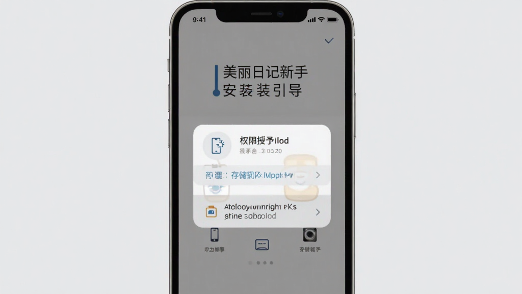 美丽日记新手安装引导页面,手机屏幕显示权限授予弹窗与存储空间提示,界面简洁明了,背景为浅灰色,配有小图标说明,风格务实清晰,画质干净,无多余元素
