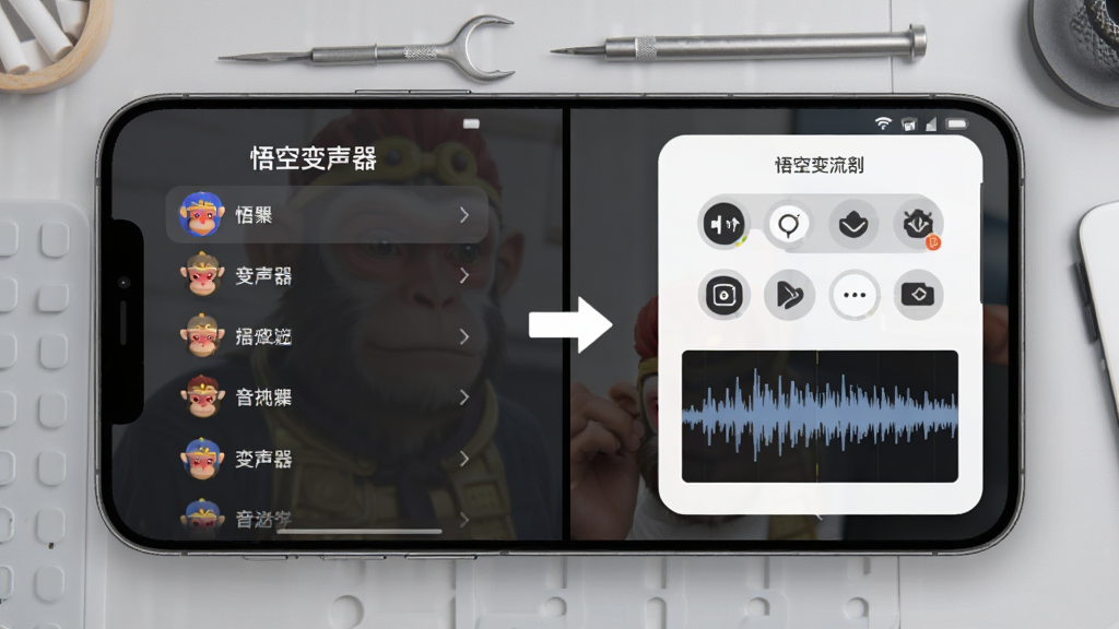 画面展示手机屏幕分屏布局,左侧为悟空变声器音色选择列表,右侧为悬浮窗控制面板与波形预览,中间以箭头连接表示操作流程,背景为浅灰色工作台风格,细节清晰,排版整洁,画质干净,图中文字标注“悟空变声器”
