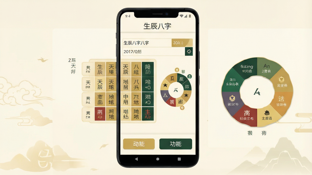 一张手机应用界面展示图,画面中央是一部竖屏安卓手机,手机屏幕上显示“生辰八字”软件的排盘结果页面,页面顶部有软件名称“生辰八字”,中部为四柱表格与五行分布圆环图,底部为功能按钮,整体布局居中对称,风格为清新简约的扁平化设计,配色以米白、浅金、墨绿为主,细节包含日期输入框、天干地支文字、五行色块,画质清晰干净,无多余元素