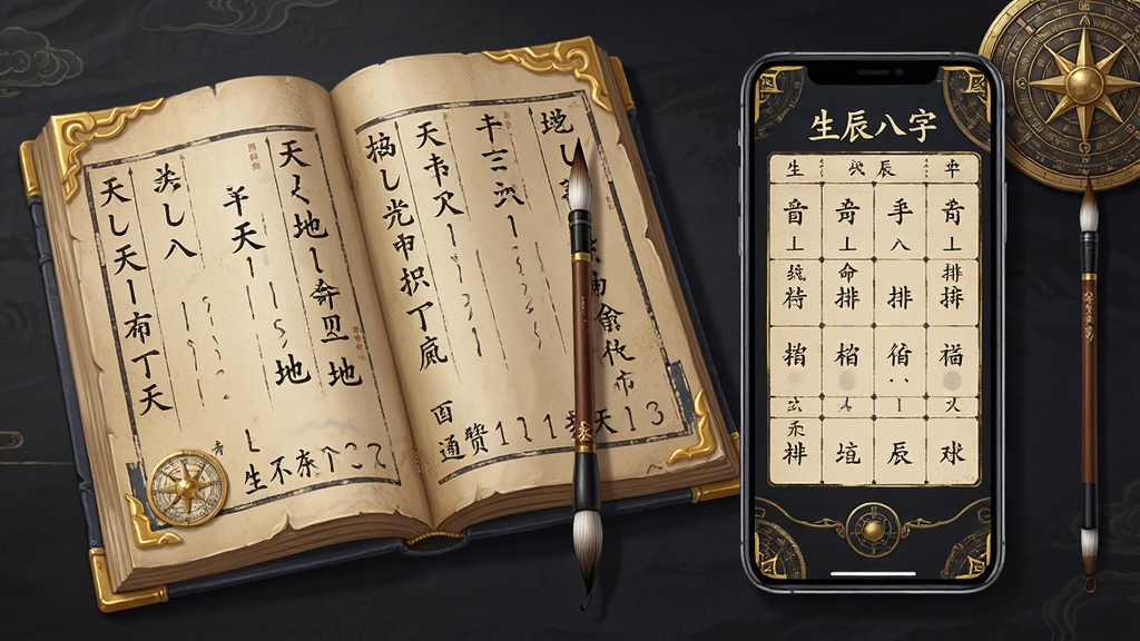 一张AI生成的概念图,画面主体为一本摊开的古籍命理书与一部现代手机并排放置,书页上呈现天干地支字样,手机屏幕显示“生辰八字”四柱排盘界面,布局为左右对照式,风格为古今融合的写实插画,细节包含毛笔、罗盘纹样、金色边框,画质细腻干净,无多余元素