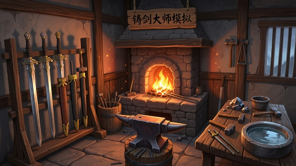 画面主体为一间古朴的中式铸剑工坊,中央摆放着熊熊燃烧的锻造炉与铁砧,炉火映红墙面,左侧木架上陈列着数把已成型的长剑与剑鞘,右侧工作台上散落着矿石、锤子与淬火水槽,整体布局由近及远呈现锻造场景的纵深感,风格为写实国风插画,细节刻画炉火火星、金属质感与木纹肌理,画质清晰干净,画面中悬挂一块木牌写着“铸剑大师模拟”,无多余装饰元素