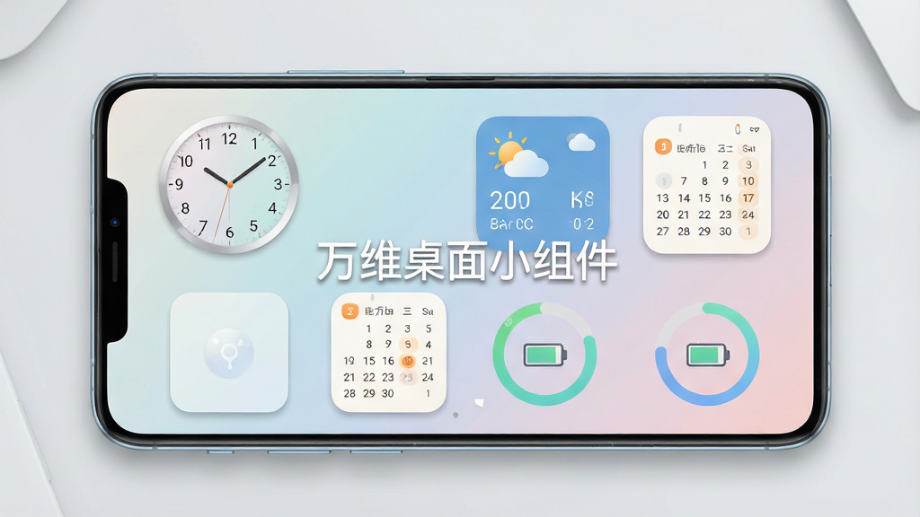 一张展示安卓手机桌面的场景图,画面中央是一部现代智能手机,屏幕上排列着风格统一的桌面小组件,包括圆形时钟、天气信息卡片、日历模块和电量环形图,组件采用柔和的浅色渐变配色,背景为干净的浅灰桌面,整体布局居中对称,风格清新简约现代,细节上组件边缘带有轻微阴影和圆角处理,画质清晰锐利,画面干净无多余元素,手机屏幕中显示文字“万维桌面小组件”