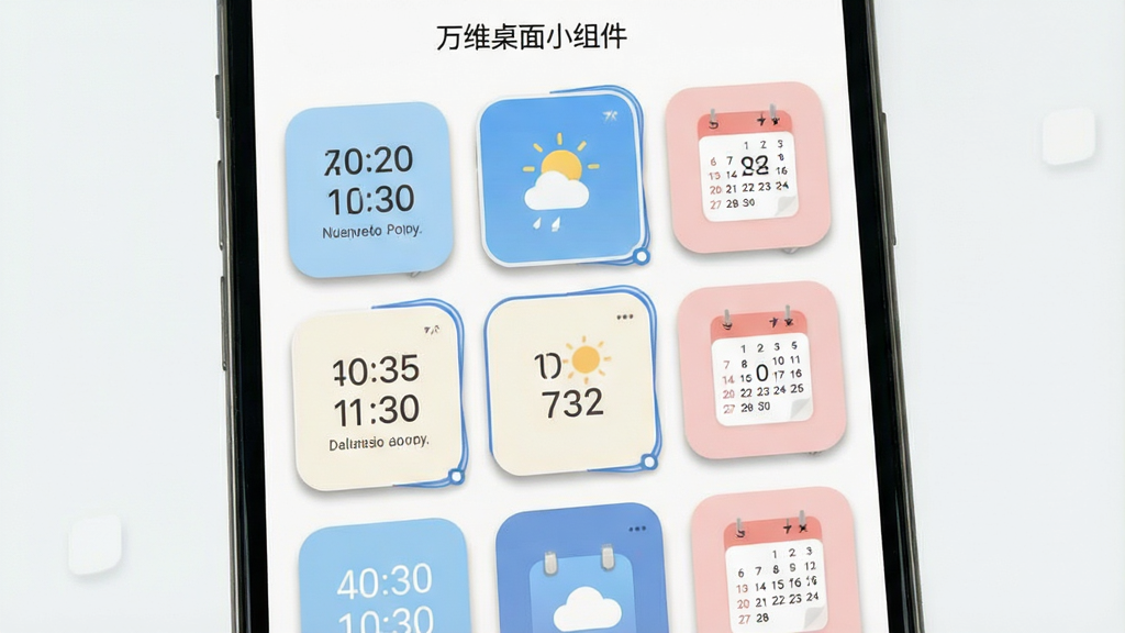 一张展示软件组件选择界面的场景图,画面主体为手机屏幕特写,屏幕内呈现网格状排列的小组件预览卡片,每张卡片展示不同风格的时间、天气、日历样式,卡片采用圆角矩形设计,配色以浅蓝、米白、淡粉为主,布局整齐有序分为三列,风格清爽明快,细节上卡片带有轻微投影和选中高亮边框,画质干净清晰,画面无杂乱元素,屏幕顶部显示文字“万维桌面小组件”