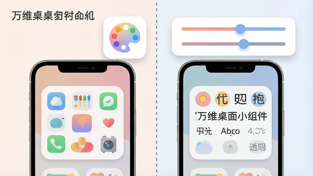 一张展示个性化定制功能的场景图,画面中手机屏幕被分为左右两部分对比展示,左侧为默认样式的小组件,右侧为经过颜色、字体、透明度调整后的同款组件,中间用虚线分隔,屏幕上方悬浮着调色盘和滑块控制条的图标元素,整体布局清晰直观,风格扁平化设计,配色柔和,细节上滑块和色块边缘圆润,画质明亮干净,画面中显示文字“万维桌面小组件”