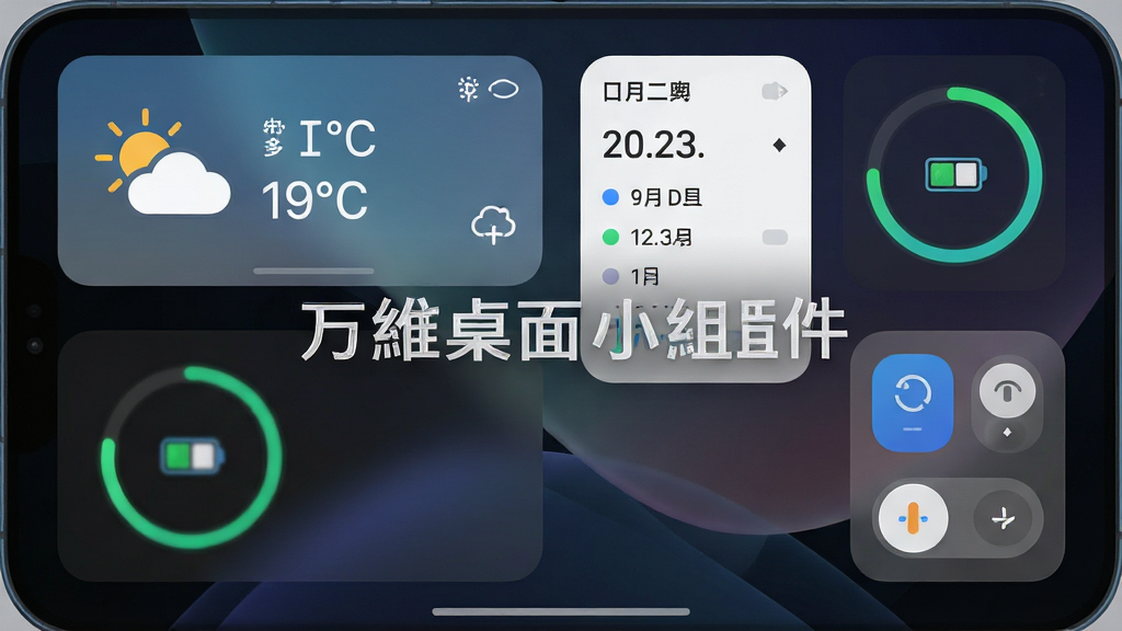 一张展示信息聚合桌面的场景图,手机屏幕内同时排列着天气卡片显示晴转多云图标与温度数字、日历卡片标注日期与日程圆点、电量环形进度条以及快捷开关按钮组,组件之间间距均匀,背景为深色渐变壁纸,组件采用半透明磨砂质感,风格科技感十足,细节上图标线条精细、数字字体清晰,画质高清无噪点,画面干净整洁,屏幕中显示文字“万维桌面小组件”
