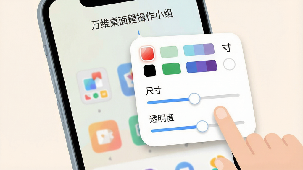 一张展示手机桌面组件编辑操作流程的示意图,画面以手机屏幕为主体,屏幕中显示长按组件后弹出的编辑菜单面板,面板内包含颜色选择器、尺寸调节滑块和透明度控制条,手指图标正在点击滑块进行拖动操作,背景为浅色桌面壁纸,整体布局清晰展示操作步骤,风格扁平化教程插图,配色明亮柔和,细节上菜单面板带有圆角和轻阴影,画质干净锐利,画面无多余装饰元素,屏幕中显示文字“万维桌面小组件”