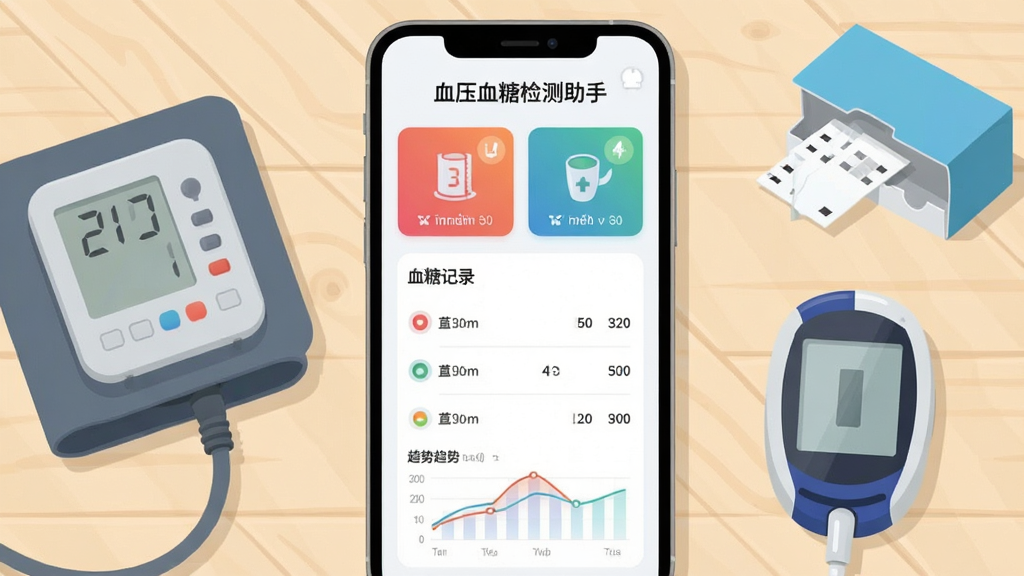 画面中央是一部竖屏智能手机,屏幕上显示“血压血糖检测助手”应用界面,界面包含血压数值卡片、血糖记录列表与趋势小图表,手机左侧放置一台电子血压计袖带,右侧摆放一个血糖仪与试纸盒,背景为浅米色木质桌面,整体采用清新扁平插画风格,光线柔和明亮,细节干净利落,画质清晰,无多余装饰元素