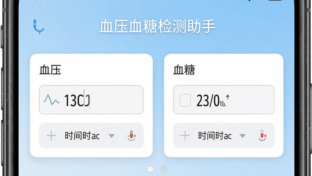 一部手机屏幕特写,界面中左右并排显示“血压”与“血糖”两个记录卡片,卡片内分别有数值输入框与时间选择器,屏幕上方有“血压血糖检测助手”标题文字,背景为淡蓝色渐变,整体采用简洁UI风格,元素对齐工整,画质清晰,干净无杂乱