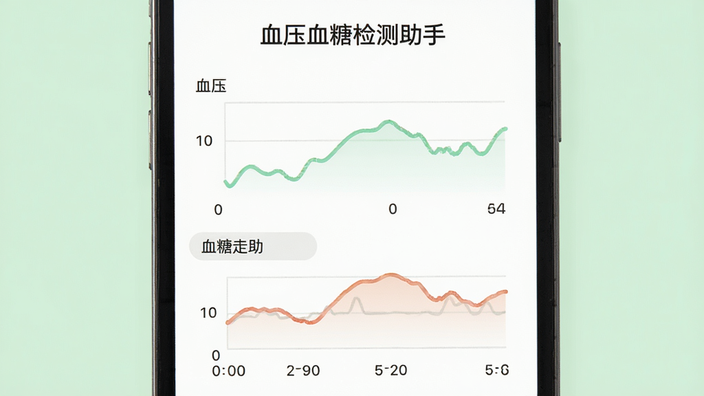 手机屏幕中展示两条柔和的折线图,一条代表血压走势,一条代表血糖走势,图表下方有日期刻度,屏幕顶部显示“血压血糖检测助手”字样,背景为白色与浅绿色搭配,整体风格清爽简约,画质干净,无多余图标