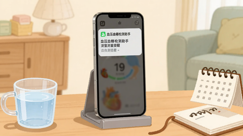 一部手机放置在桌面支架上,屏幕弹出“血压血糖检测助手”的提醒通知卡片,通知内容显示测量提醒文字,手机旁边有一杯温水与一本小日历,背景为温暖的家居环境,整体采用生活化插画风格,色调柔和,画质清晰,干净简洁