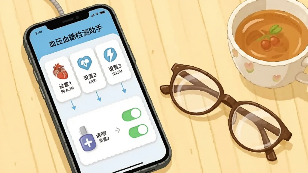 一部手机屏幕显示“血压血糖检测助手”的新手引导页面,页面中有步骤指示与设置开关示意图,手机旁边摆放一副老花镜与一杯茶,背景为浅黄色桌面,整体采用温馨生活化插画风格,构图简洁,画质清晰,无多余元素