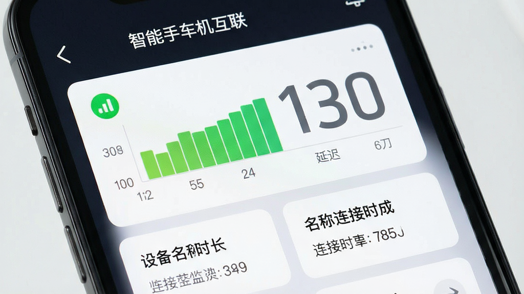 画面主体为手机屏幕上的连接状态监测面板界面,面板中显示信号强度条形图、延迟数值、设备名称与连接时长等信息卡片,布局为手机竖屏特写,风格为简洁数据可视化风,细节包括绿色信号图标、数值标签、状态提示文字,画质清晰干净,无多余元素,图片中可加入文字“智能手车机互联”