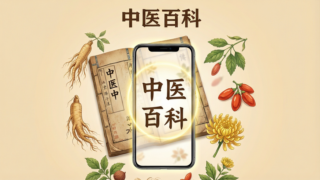 一张手机应用界面展示图,画面中央是一本打开的中医古籍与发光的手机屏幕相互融合,屏幕中显示