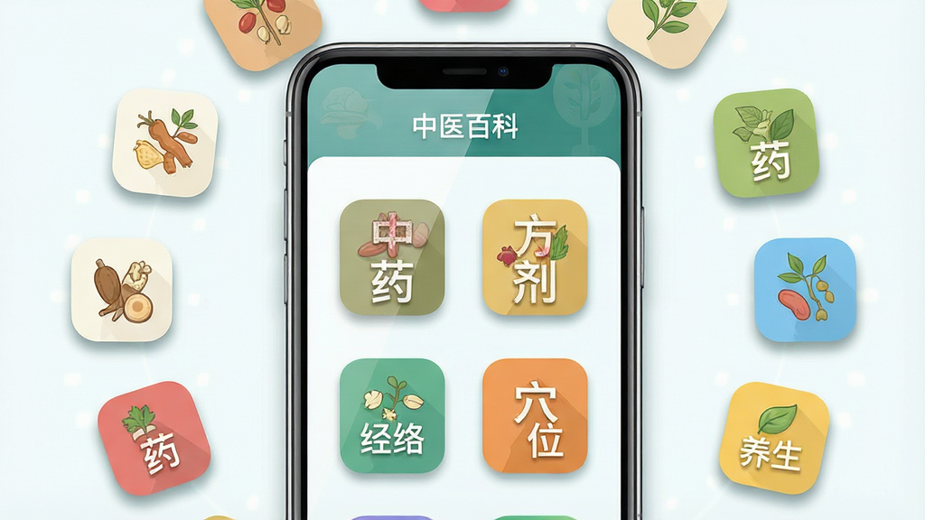 一张展示中医百科软件分类页面的示意图,画面主体为一部智能手机,屏幕上排列着