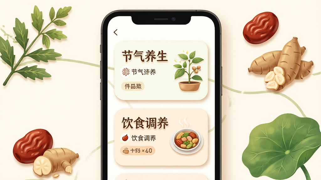 一张中医百科养生板块界面示意图,画面主体为手机屏幕显示