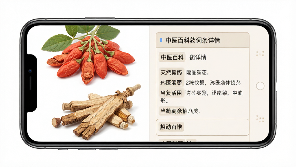一张中医百科中药词条详情页示意图,画面主体为一部手机,屏幕左侧显示中药材实物图如枸杞和当归,右侧显示对应文字说明区域,布局为左右分栏式手机界面展示,风格为简约写实风,细节包括药材纹理和界面文字框,画质清晰干净,无多余元素