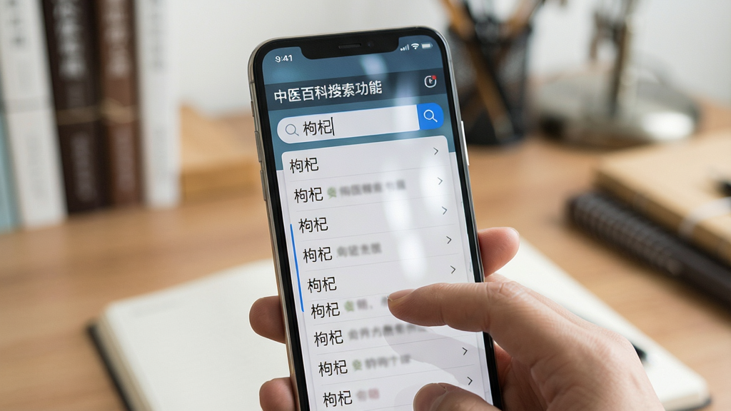 一张中医百科搜索功能使用场景图,画面主体为一只手拿着手机,屏幕显示搜索框内输入