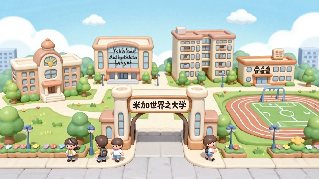 一张卡通风格大学校园全景图,中央是写有“米加世界之大学”的校门牌匾,主体为米加世界之大学校园建筑群,布局从左到右依次为教学楼、图书馆、宿舍楼、食堂和操场,排版采用横向宽幅构图,风格为清新明快的Q版卡通插画,细节包括绿树、花坛、路灯、学生角色和蓝天白云,画质高清干净,色彩柔和明亮,无多余元素