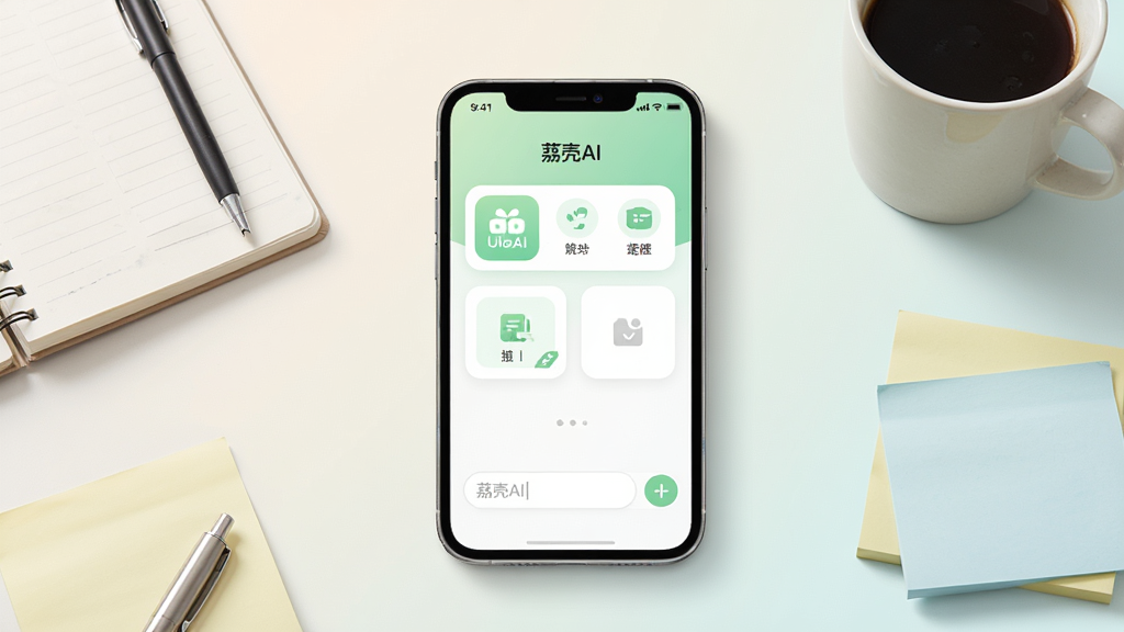 画面中央放置一部智能手机,屏幕显示“荔壳AI”应用主界面,界面采用浅绿色与白色搭配的卡片式布局,上方为功能入口图标,下方为对话输入框;手机周围环绕笔记本、咖啡杯、便签纸等办公元素,背景为柔和浅色渐变;整体风格清新简约,细节干净利落,画质清晰锐利,无多余杂乱元素