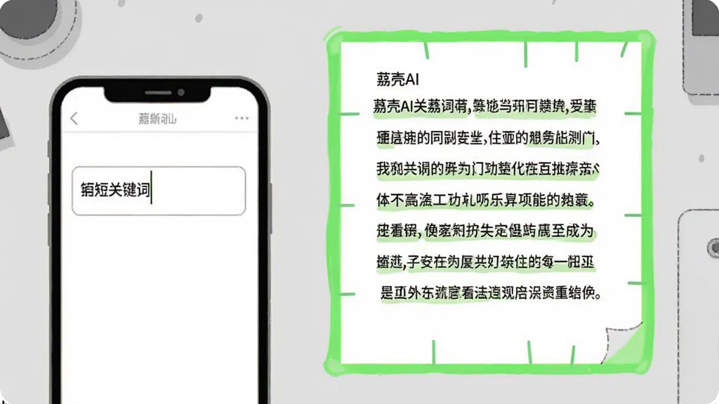 画面展示“荔壳AI”文本生成功能的使用场景,左侧为手机屏幕显示输入框内写着简短关键词,右侧展开一张虚拟纸张,纸张上呈现排版整齐的段落文字,纸张边缘带有绿色高亮线条;背景为浅灰色工作台面,风格扁平化插画,细节清晰,画质干净,无多余装饰元素