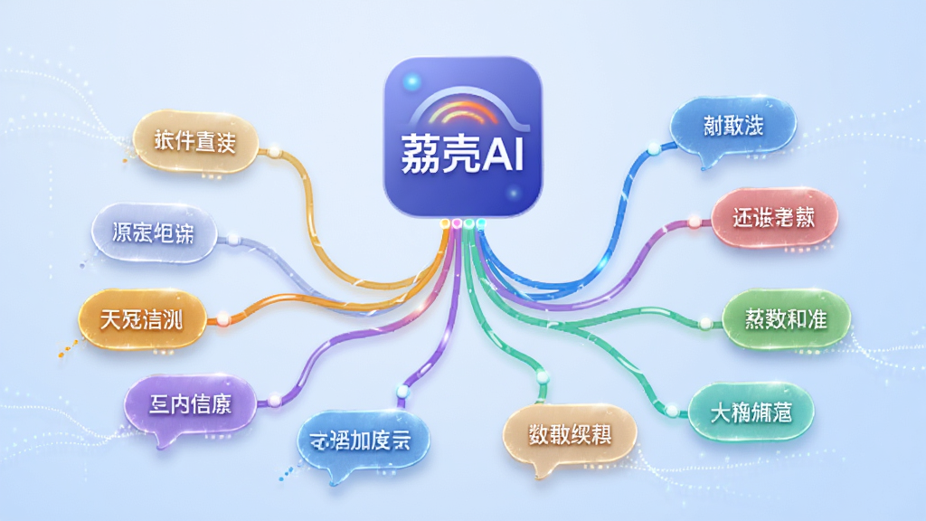 画面中心为“荔壳AI”应用图标悬浮于半空,图标下方延伸出多条彩色思维导图线条,每条线条末端连接一个气泡框,气泡内写有简短创意短句;背景为淡蓝色渐变,风格现代科技感,线条流畅,细节精致,画质清晰,无多余元素