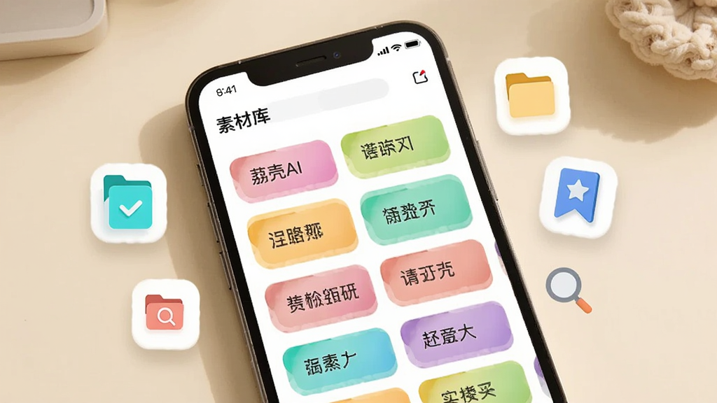 画面呈现“荔壳AI”素材库界面,手机屏幕内显示多个彩色标签卡片整齐排列,每张卡片上写有简短文字摘要,屏幕旁边漂浮着文件夹、书签、放大镜等图标;背景为浅米色桌面,风格温馨实用,布局规整,画质细腻,无杂乱元素