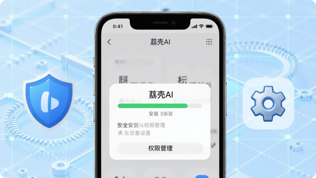 画面展示一部手机屏幕显示“荔壳AI”安装进度条与权限设置弹窗,旁边放置盾牌图标与齿轮图标,象征安全安装与权限管理;背景为浅蓝色科技感网格,风格清晰直观,细节干净,画质锐利,无多余元素