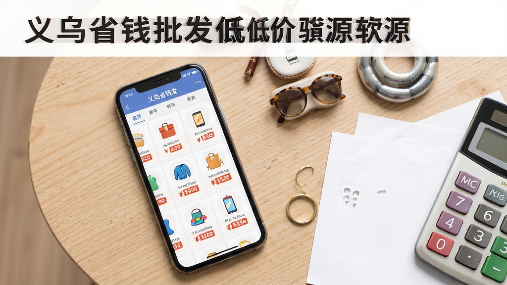 画面主体是一部智能手机,屏幕中显示义乌省钱批发低价软件的货源分类首页界面,包含商品分类图标与价格标签;手机平放在一张浅木色桌面上,旁边摆放着几件小商品样品与一个计算器;布局采用居中俯视构图,手机位于画面中央偏左,右侧留白放置商品;排版简洁,顶部留出标题区域;风格为清新写实的电商产品展示风,光线柔和明亮;细节上手机屏幕内容清晰,图标与文字排版规整,桌面纹理自然;画质高清,画面干净,无多余元素