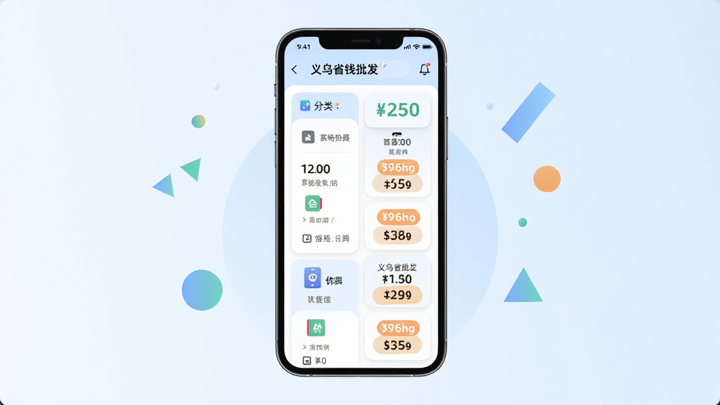 画面主体为义乌省钱批发低价软件的商品价格区间展示页面,手机屏幕中呈现分类列表与价格标签卡片;手机竖立放置于画面中央,背景为淡蓝色渐变;布局采用居中对称构图,手机两侧点缀简约的几何图形;排版上突出屏幕内容,四周留白充足;风格为现代扁平化UI展示风,色彩清爽;细节上价格数字与分类图标清晰可辨,卡片圆角柔和;画质高清,画面干净整洁,无多余元素
