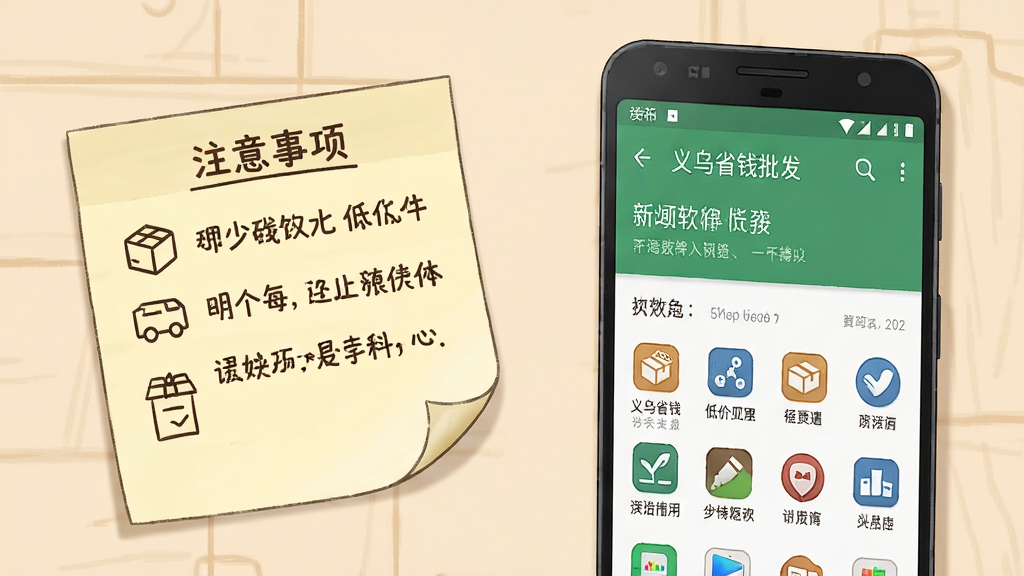 画面主体为一部安卓手机屏幕显示义乌省钱批发低价软件运行界面,旁边放置一张写有注意事项的便签纸;手机位于画面右侧,便签纸位于左侧;布局采用左右并列构图,背景为浅色桌面;排版上便签纸内容以简单线条示意,手机屏幕清晰;风格为实用教程插画风,色调温和;细节上手机界面图标规整,便签纸有轻微卷边;画质高清,画面干净,无多余元素
