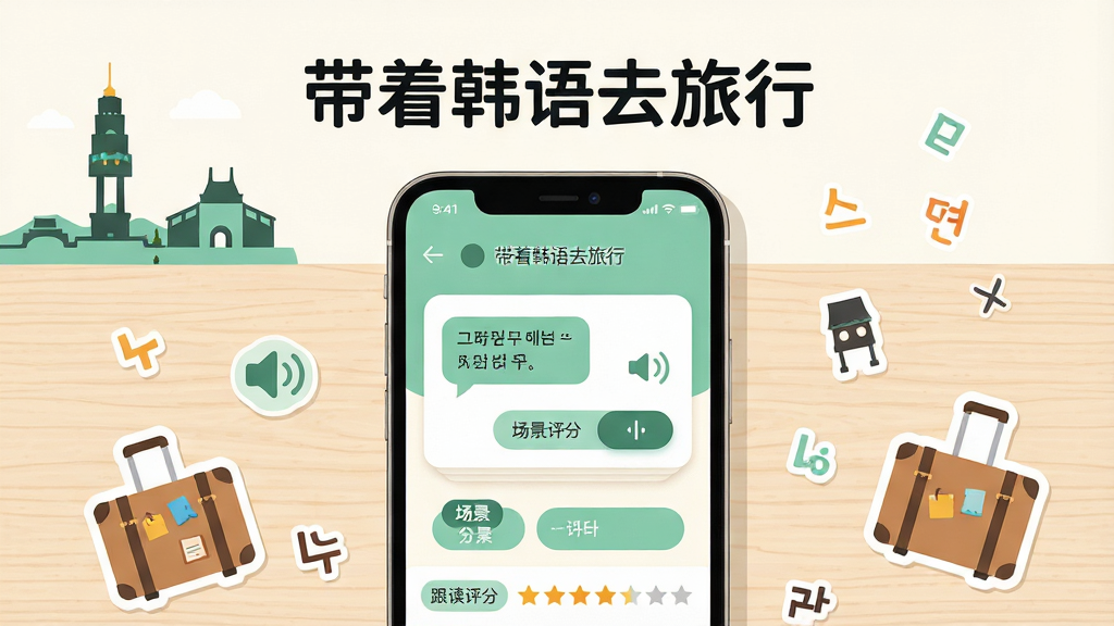 主体为一部竖屏智能手机,屏幕中显示“带着韩语去旅行”应用界面,界面包含韩语会话卡片与发音按钮;布局为手机居中放置于浅色木纹桌面,周围点缀首尔地标剪影、行李箱贴纸与韩文字母元素;排版采用上下分层,上方为应用名称“带着韩语去旅行”文字标题,下方为手机主视觉;风格为清新扁平插画风,配色以薄荷绿与暖白为主;细节包含发音波纹图标、场景分类标签、跟读评分星级;画质高清,画面干净,无多余元素