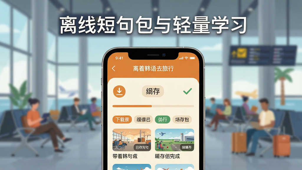 主体为“带着韩语去旅行”应用离线短句包下载界面,显示下载进度与已缓存场景列表;布局为手机屏幕特写,背景为机场候机厅虚化场景;排版为上方标题“离线短句包与轻量学习”,下方为手机主视觉;风格为现代扁平插画,配色以暖橙与米白为主;细节包含下载箭头图标、缓存完成对勾、场景分类标签;画质清晰,画面干净,无多余元素