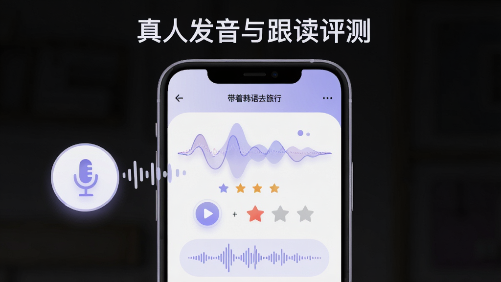主体为“带着韩语去旅行”应用中的跟读评测界面,屏幕显示发音波形与评分星级;布局为手机界面居中,左侧浮动麦克风图标与声波线条;排版为上方标题“真人发音与跟读评测”,下方为手机主图;风格为柔和科技感插画,配色以淡紫与白色为主;细节包含播放按钮、录音按钮、评分星星、发音波形;画质高清,画面干净,无多余元素