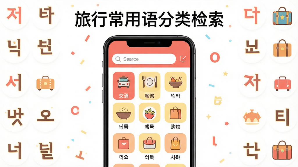 主体为“带着韩语去旅行”应用分类检索界面,展示交通、餐饮、购物等分类图标网格;布局为手机界面居中,四周环绕韩语字母与旅行图标;排版为上方标题“旅行常用语分类检索”,下方为手机主图;风格为活泼扁平图标风,配色以珊瑚粉与浅黄为主;细节包含搜索框、分类图标、韩文标签;画质高清,画面干净,无多余元素