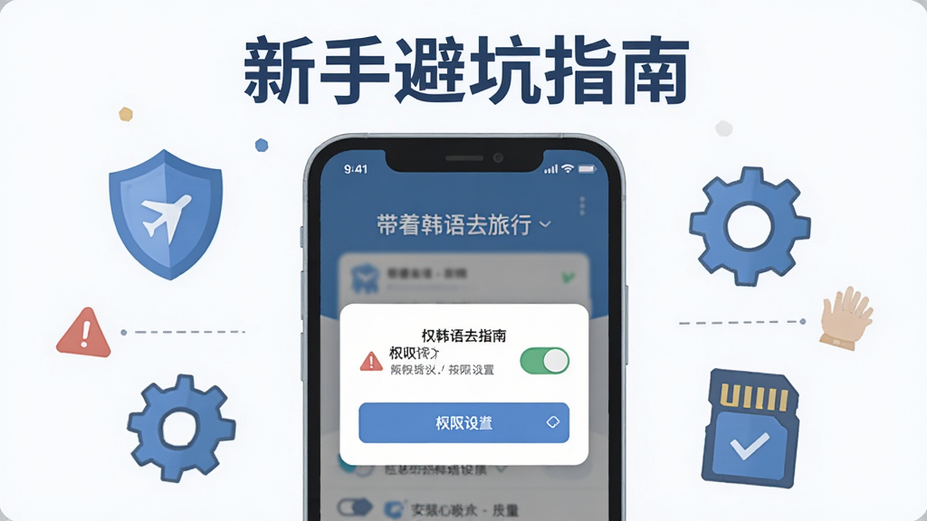 主体为“带着韩语去旅行”应用安装与权限设置示意画面,手机屏幕显示权限授权弹窗;布局为手机居中,周围环绕盾牌、齿轮、存储卡图标;排版为上方标题“新手避坑指南”,下方为手机主图;风格为简洁信息图插画,配色以蓝灰与白色为主;细节包含权限开关、警告三角图标、对勾标记;画质清晰,画面干净,无多余元素