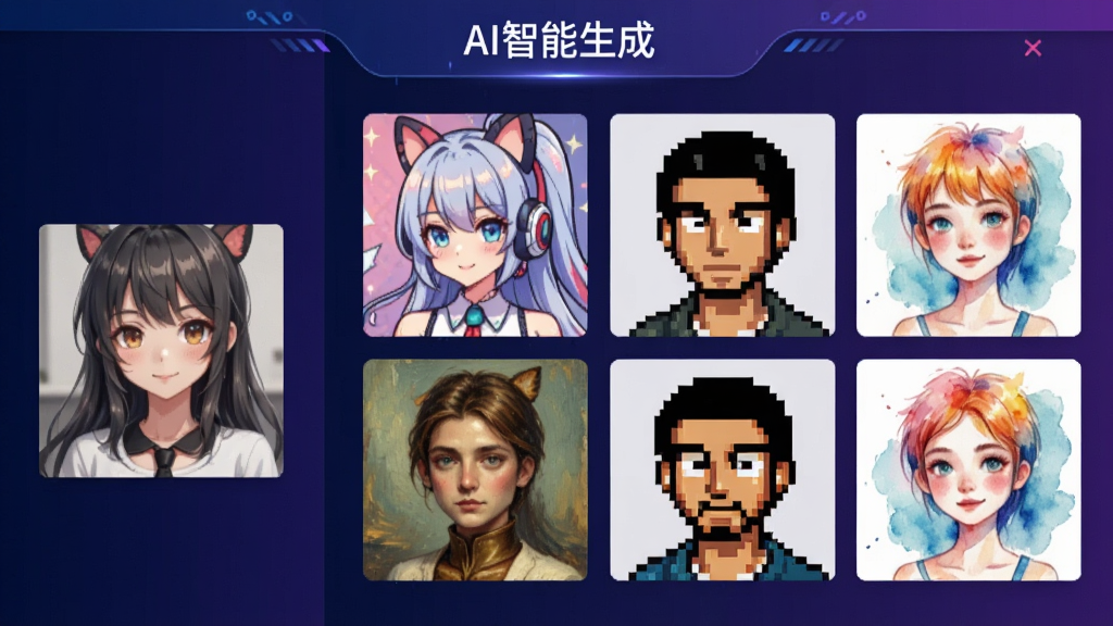 一张展示头像生成精灵AI生成功能的界面截图,画面左侧是原始照片缩略图,右侧是四款不同风格生成的头像成品并排展示,包括动漫风、油画风、像素风和水彩风,界面顶部有“AI智能生成”字样,整体风格科技感十足,配色以深蓝和紫色渐变为主,画质清晰,干净整洁